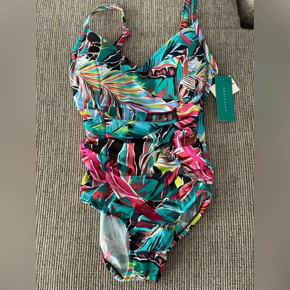 NWT AquaGreen Vibrant Leaf Print One Piece Swimsuit - Picture 4 of 4